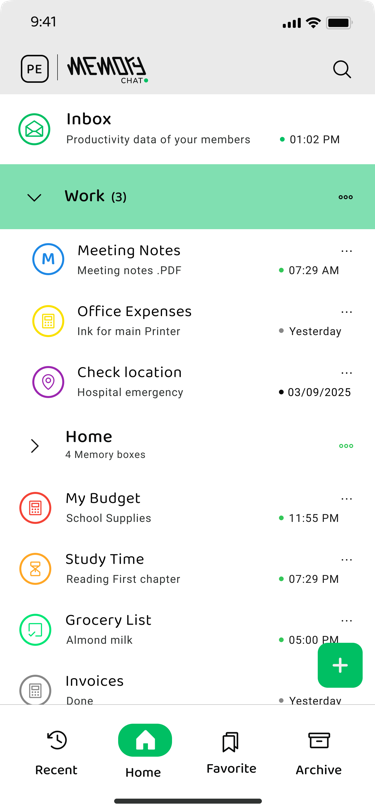 Memory Chat app interface showing Memory Boxes