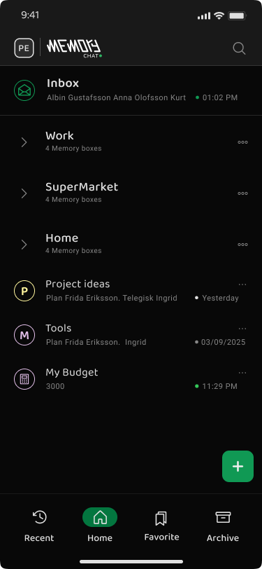 Memory Chat navigation and search interface
